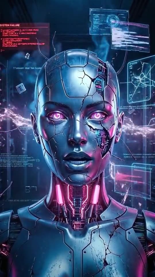 Still from the Entropy music video, a cracked android face lit in pink and blue