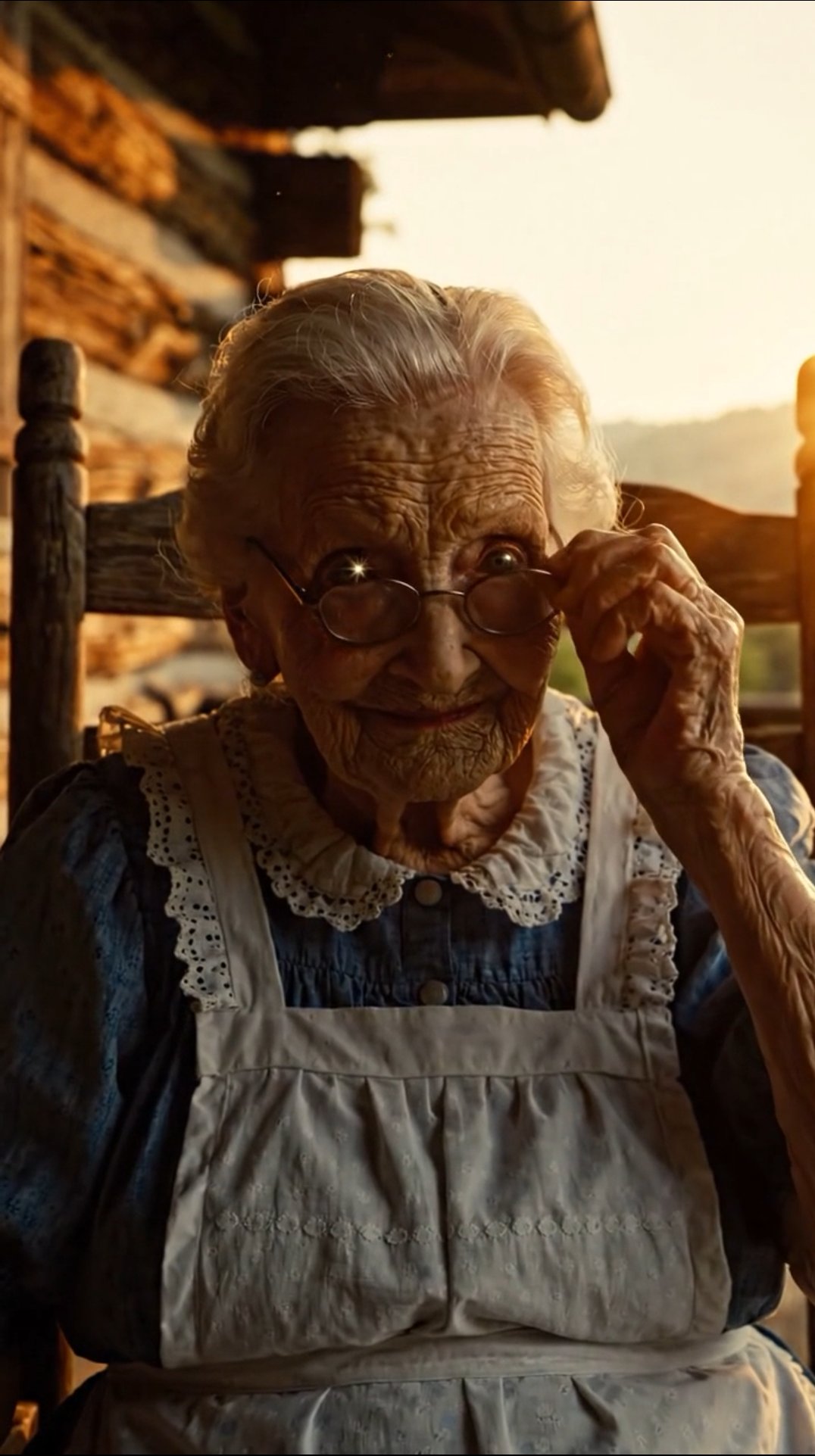 Granny Knew cover art, an elderly woman peering over her glasses on a cabin porch
